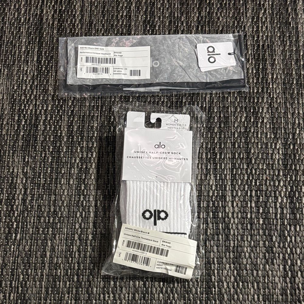 Alo Yoga Black Headband and White Half Crew Sock Medium Set NEW